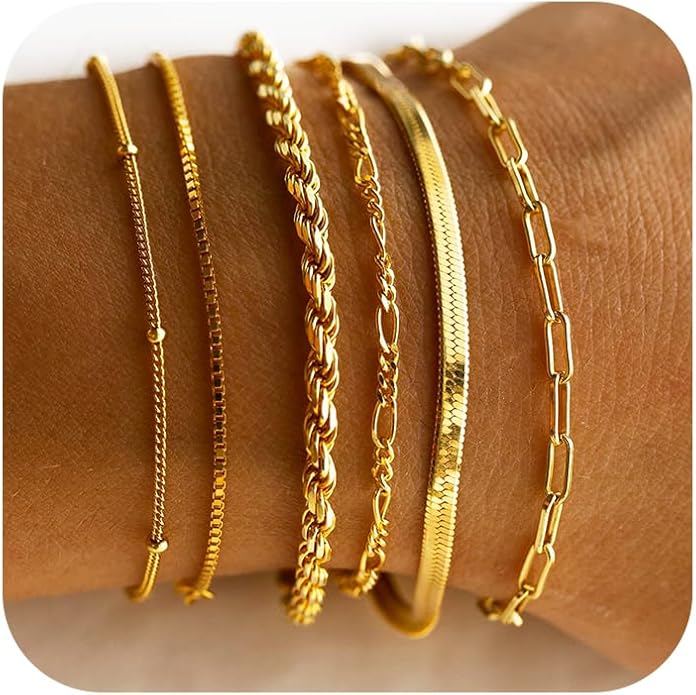 DEARMAY Gold Bracelets for Women Waterproof, 14K Gold Plated Jewelry Sets Trendy Thin Dainty Stackable Cuban Link Paperclip Chain Bracelet Pack Fashion Accessories Gifts for Womens