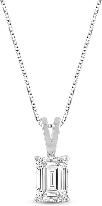 Everyday Elegance Solid 14K Gold Cubic Zirconia Solitaire Pendant Necklace for Women Heart, Princess, Round, Oval, Emerald, Pear & Cushion Cut 1 or 2 CTW | .60mm Thick 16" 18" Length Box Link Chain