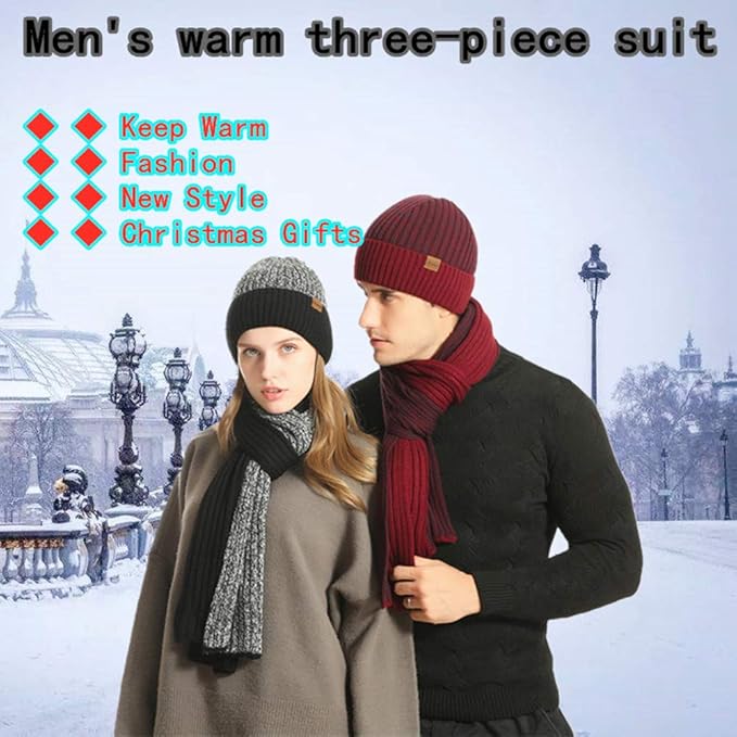 Mens Winter Scarf Hats and Gloves Set Knit Beanie Hat Warmer Scarfs and TouchScreen Glove 3 Pcs for Men