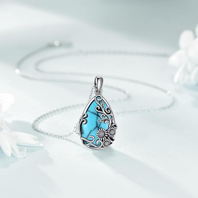 YFN Black Obsidian/Moonstone/Turquoise/Moss Agate Sunflower Filigree Teardrop Pendant Necklace Jewelry for Women - 925 Sterling Silver