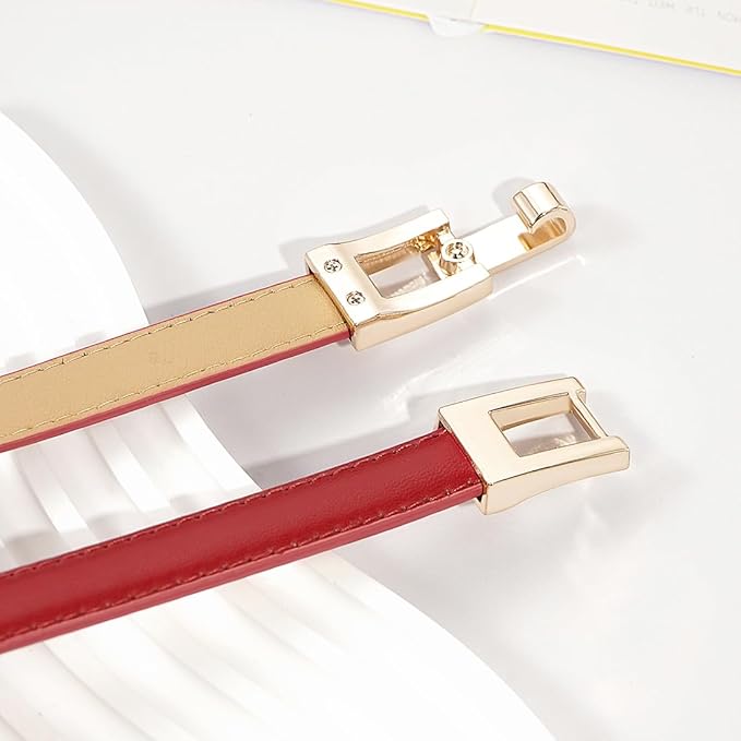 Glamorstar Skinny Belts for Women Thin PU Leather Waist Belt with Gold Buckle for Dresses