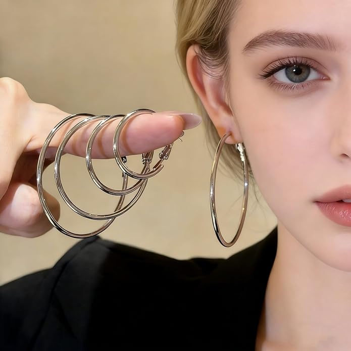 4/5/6 Pairs Stainless Steel 30/40/50/60/70 mm Silver 14K Gold Hoop Earrings for Women Hypoallergenic Big Thin Lightweight Dangle Set