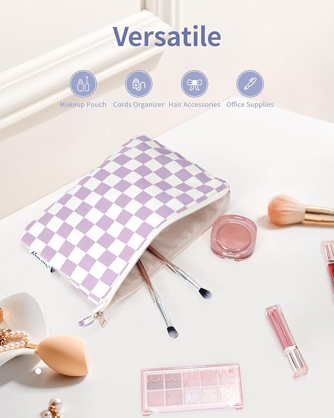 Narwey Small Checkered Makeup Bag for Purse Small Cosmetic Bag Women Travel Makeup Pouch Zipper Pouch (Purple Checkerboard)