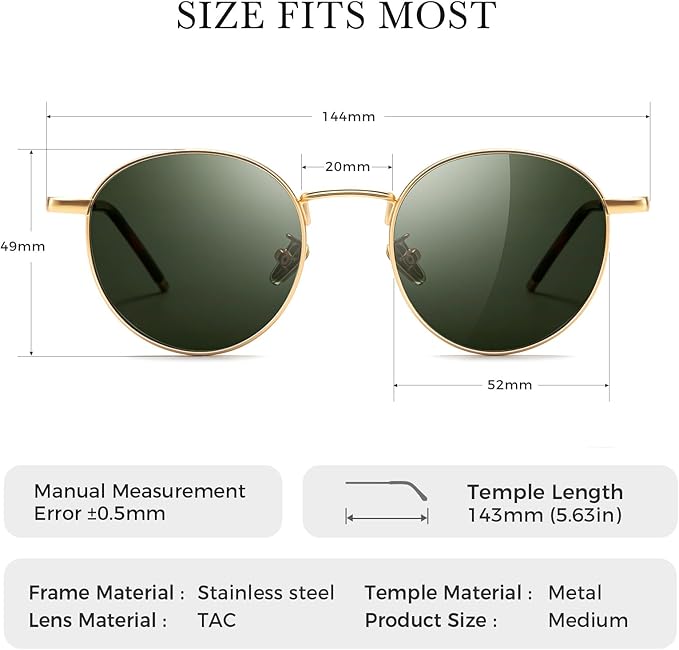 SUNGAIT Ponderable Metal Round Sunglasses for Men Women Classic Vintage Polarized Circle Sun Glasses