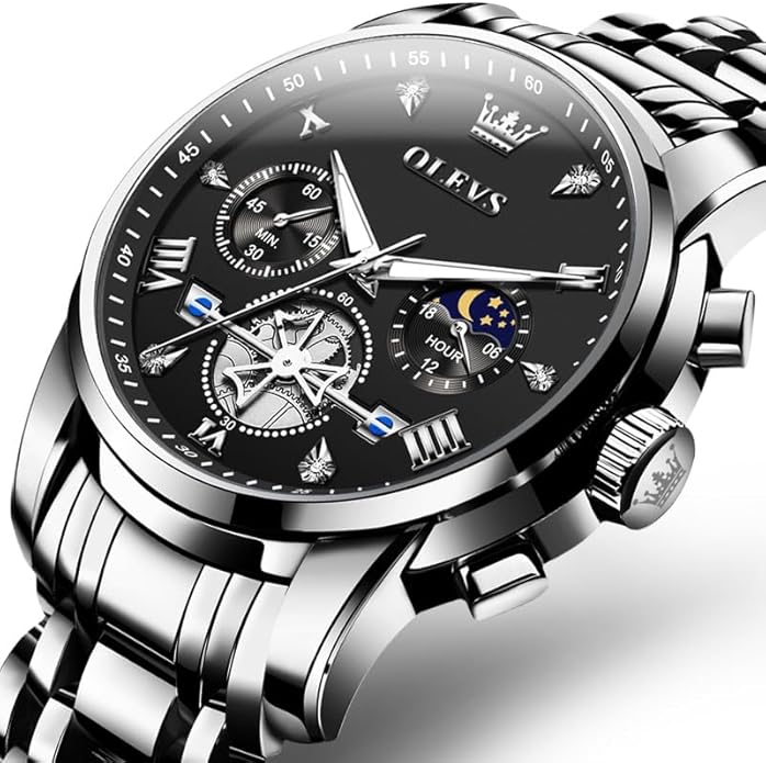 OLEVS Men Silver Watches,Men's Stainless Steel Chronograph Watch,Man Analog Quartz Big Face Male Watches Luxury Waterproof Roman Numeral Dress Diamond Relojes para Hombre