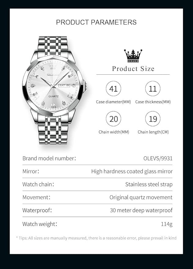 OLEVS Watch for Men Women Large Face Unisex Diamond Luxury Dress Analog Quartz Stainless Steel Waterproof Luminous Date Business Casual Wrist Watch