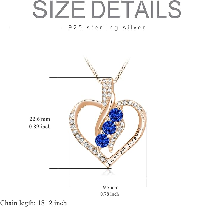Rose Heart Birthstone Necklace for Women - Solid S925 Sterling Silver with Rose Gold Plated Infinity Symbol of Love Valentine's, Mother's Day, Anniversary, Christmas Birthday Gift for Her, Mom, Wife, or Girlfriend.