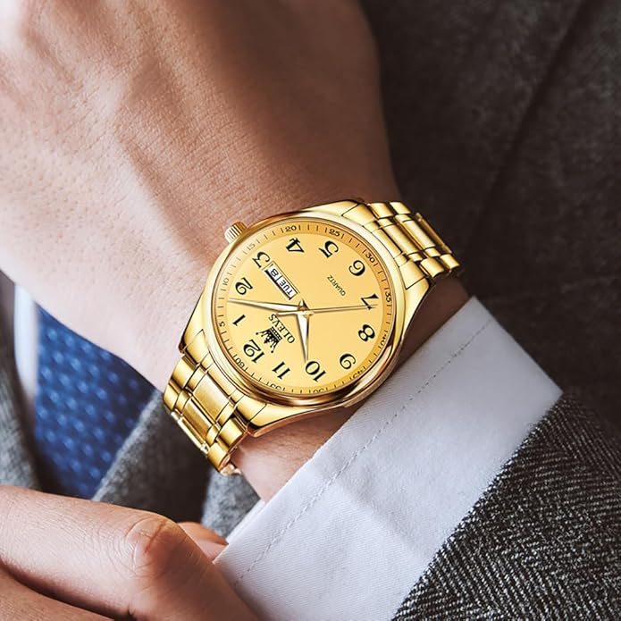 OLEVS Mens Watch Stainless Steel Analog Quartz Watches for Men Day Date Easy Read Diamond Waterproof Dress Luxury Classic Casual Big Face Blue/Black/Gold/Silver Roman Arabic Numerals Men's Wrist Watch