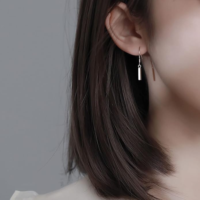 SLUYNZ 925 Sterling Silver Small Vertical Bar Drop Earrings for Women Teen Girls Minimalist Bar Drop Earrings (Silver)