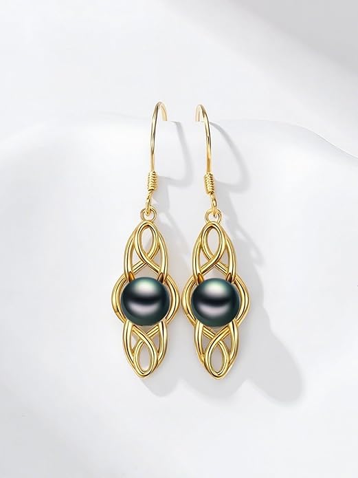 Tahitian Black Pearl AAAA 18K Gold Plated Sterling Silver Dangle Drop Earrings for Women Wife Mom Girlfriend Valentine Her Jewelry Gift for Anniversary Birthday Christmas