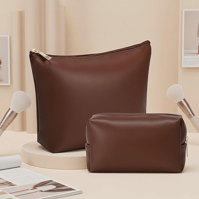 Kigeli 2 Pcs PU Leather Makeup Bag Set for Women Aesthetic Cosmetic Bag Small Toiletry Travel Pouch for Purse Emergency Skincare Organizer Valentine Gifts for Bridesmaid Birthday(Dark Brown)