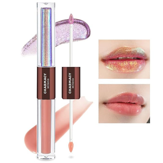 CHARMACY 2 In 1 Multichrome Moisturizing Lip Gloss, Double Head Liquid Lipstick, Mirror Waterproof Long Lasting No Fading Lip Balm, Hydrating Lip Plumper Waterlight Glossy Makeup #001