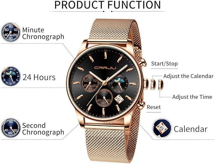 CRRJU Men's Fashion Casual Watches Auto Date Chronograph Watch Men Nice Work Watches Waterproof 30M Full Steel Quartz with Mesh Strap