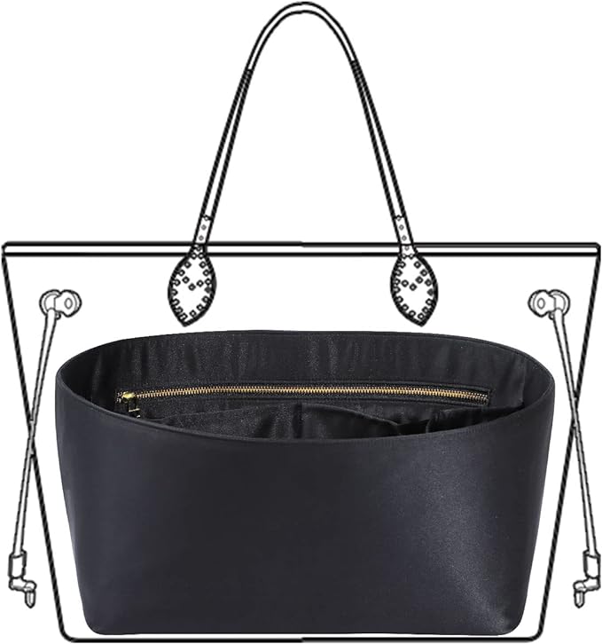 ZTUJO Purse Organizer Insert For Handbags, Silk Purse Organizer with Zipper, Silky Smooth, Bag Organizer For Speedy Neverfull Tote,onthego,Artsy, 6 Sizes(XL,Silky Black)