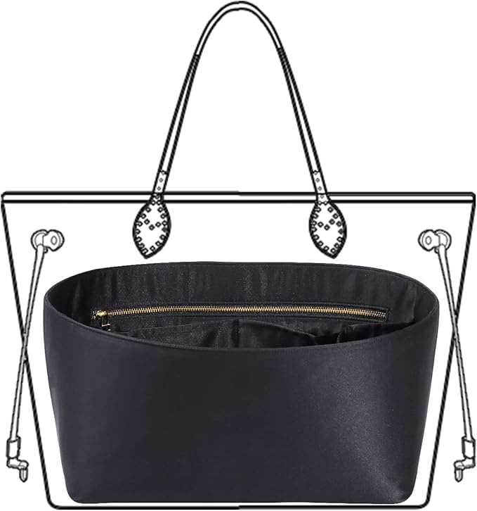 Purse Organizer Insert For Handbags, Silk Purse Organizer with Zipper, Silky Smooth, Bag Organizer For Speedy Neverfull Tote,onthego,Artsy, 6 Sizes(Large, Silky Black)