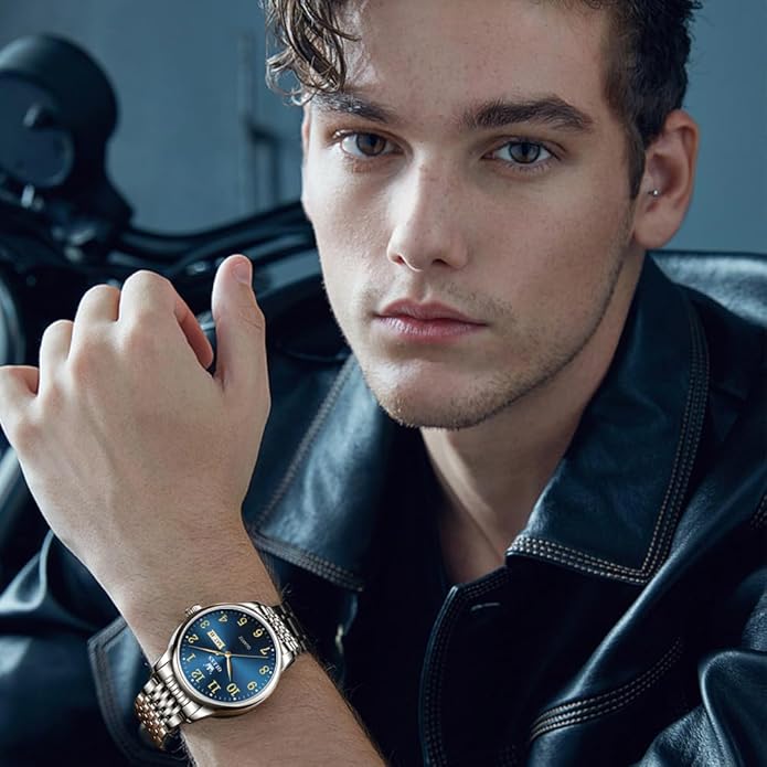 OLEVS Mens Watch Stainless Steel Analog Quartz Watches for Men Day Date Easy Read Diamond Waterproof Dress Luxury Classic Casual Big Face Blue/Black/Gold/Silver Roman Arabic Numerals Men's Wrist Watch