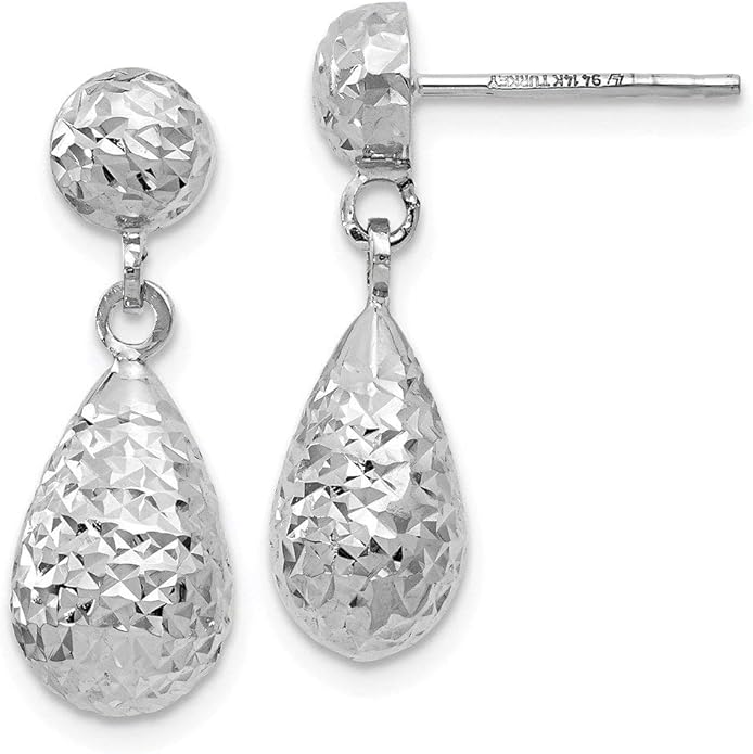 14K White Gold Diamond Cut Drop Dangle Earrings for Women Polished Teardrop Luxury Fine Jewelry Gift 20mm