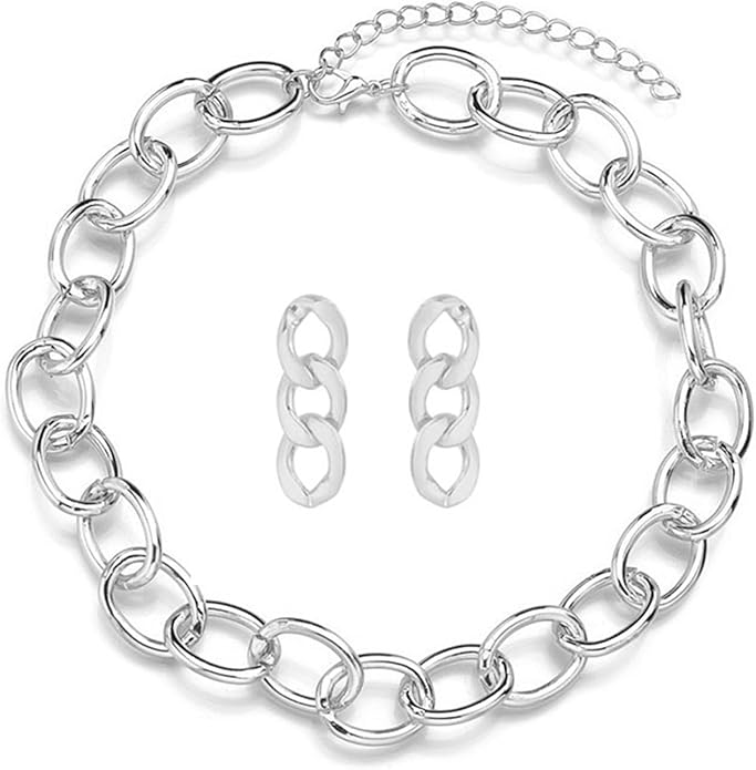 coadipress Gold Link Chain Earrings Necklace Set for Women Minimalist Gold Plated Chain Link Earrings Punk Oval Dainty Chunky Chain Necklace Trendy Jewelry