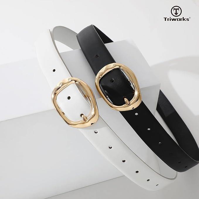 TRIWORKS 2 Pack Leather Belts for Women Fashion Waist Belt with Liquid Shapes Women Belt for Jeans Pants Dresses