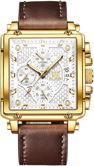 OLEVS Men's Casual Leather Watch, Big Face Chronograph Watch for Men, Fashion Easy to Read Dress Watch, Men's Waterproof Luminous Date Analog Watch, Gold/Black/White/Blue Dial