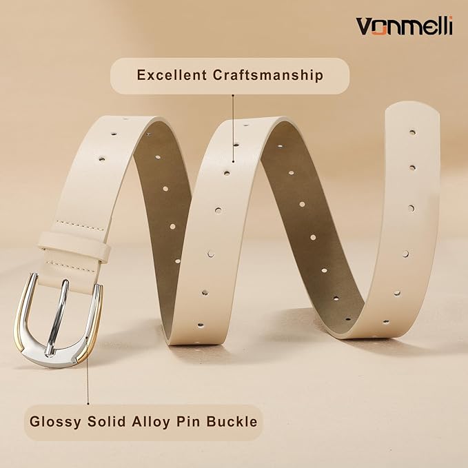 VONMELLI Women Leather Belt for Pants Jeans Dresses Ladies Belts with Fashion Gold Silver Buckle