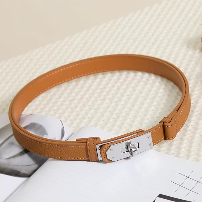 Skinny Leather Belts for Women with Adjustable Silver Turn-Lock Buckle for Dresses Jeans and Pants