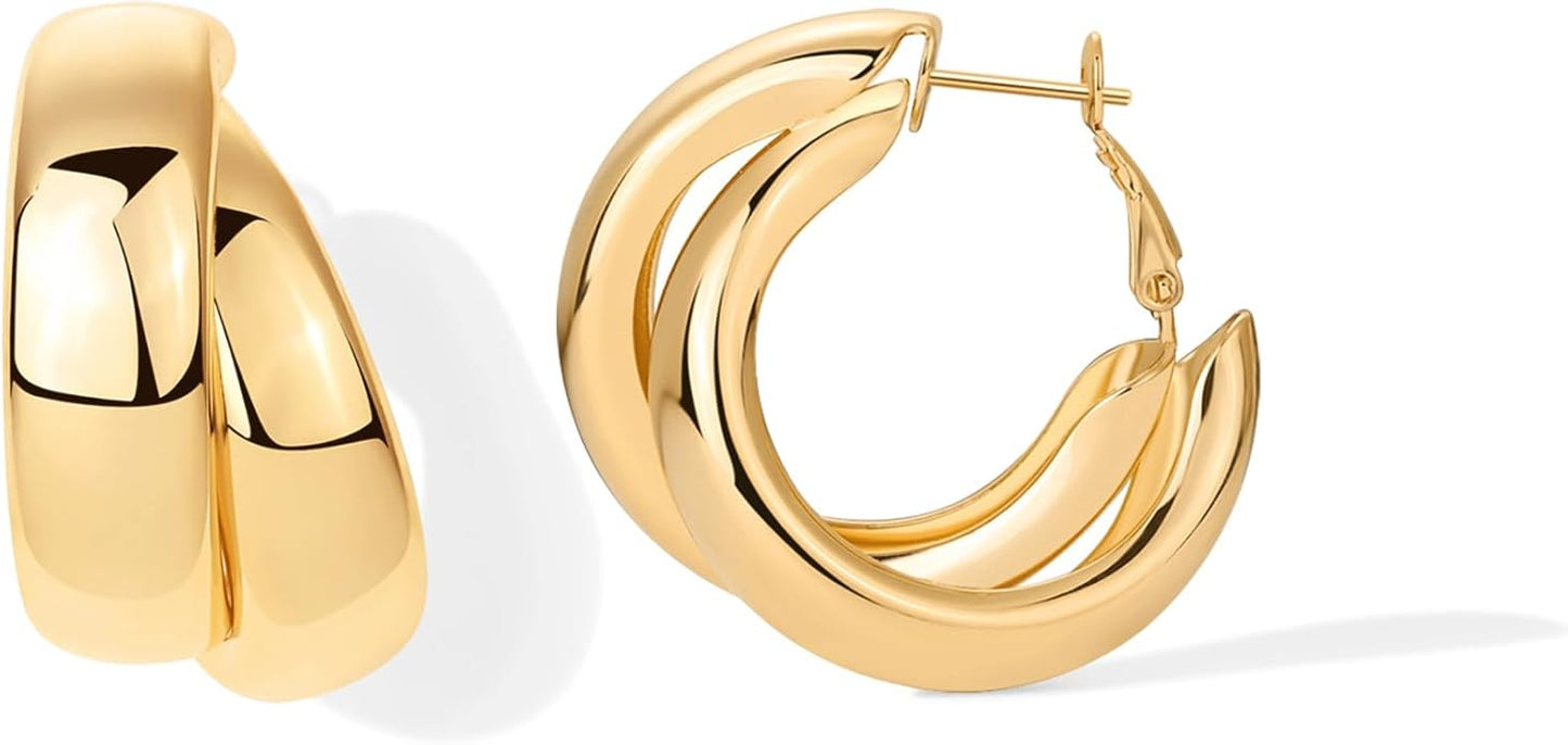 PAVOI 14K Gold Plated Multi Huggie Hoop Earrings for Women - 925 Sterling Silver Posts Triple Split Hoop Gold Earrings for Women - Trendy Fashion Jewelry