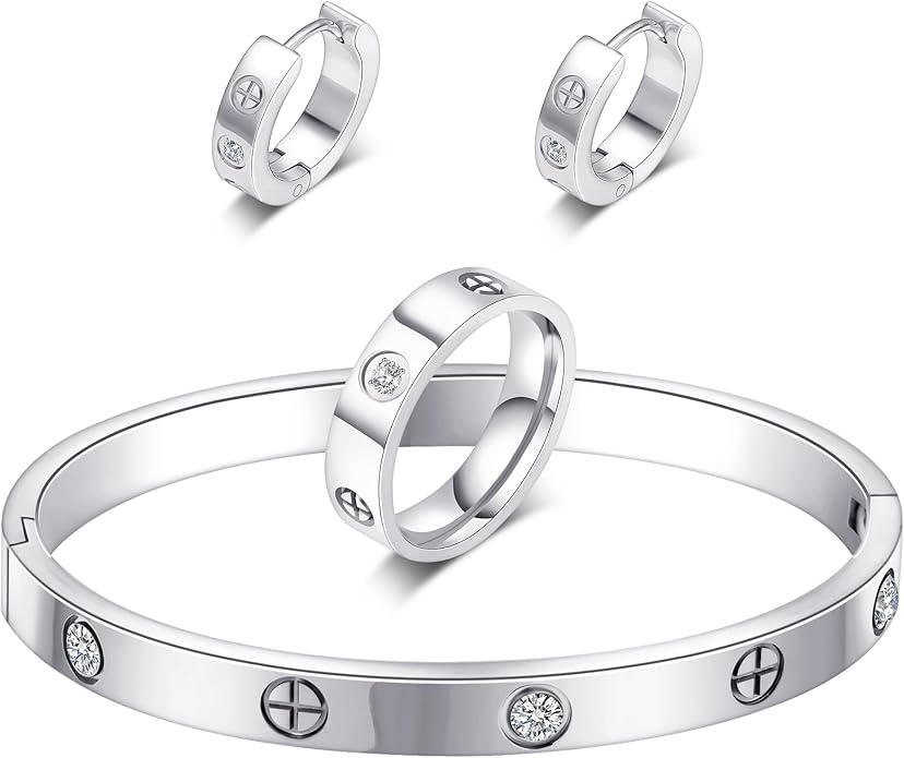 3 Pcs Hoop Earrings Bracelets Ring Sets for Women-18K Gold Plated Love Bracelet Cubic Zirconia Cuff Bangle Hoop Earrings Friendship Love Ring Jewelry Set,Wedding Party Christmas Valentine's Day Birthday Gifts for Her Girlfriend Sister Daughter