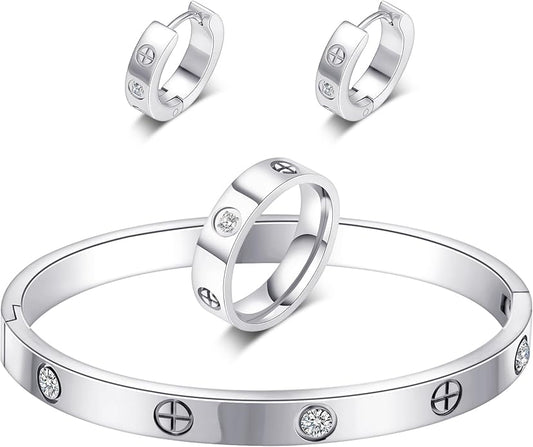 3 Pcs Hoop Earrings Bracelets Ring Sets for Women-18K Gold Plated Love Bracelet Cubic Zirconia Cuff Bangle Hoop Earrings Friendship Love Ring Jewelry Set,Wedding Party Christmas Valentine's Day Birthday Gifts for Her Girlfriend Sister Daughter