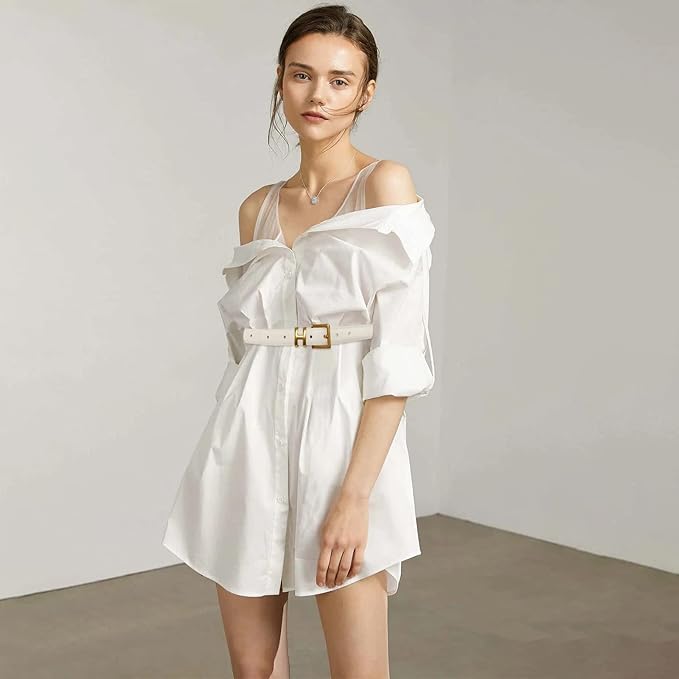 Women's Fashion Classic Metal Buckle Leather Belt with Jeans Dress