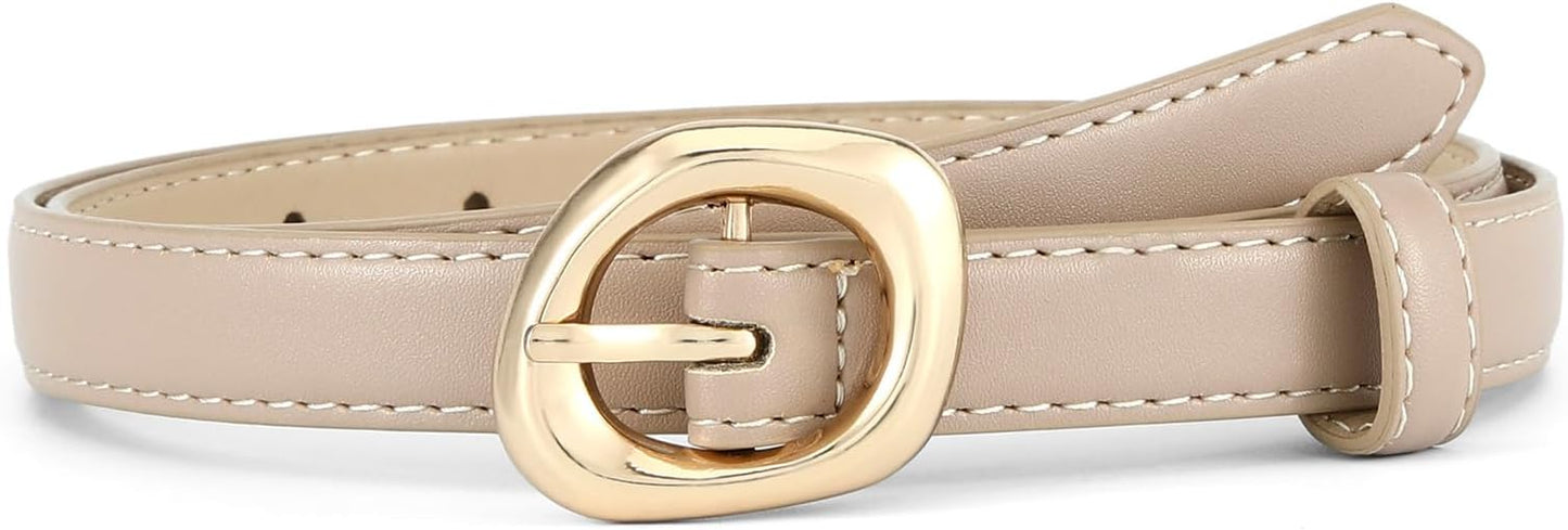 Thin Belt for Women Jeans Faux Leather Ladies Skinny Waist Belts for Dresses Pants with Trendy Gold/Silver Buckle