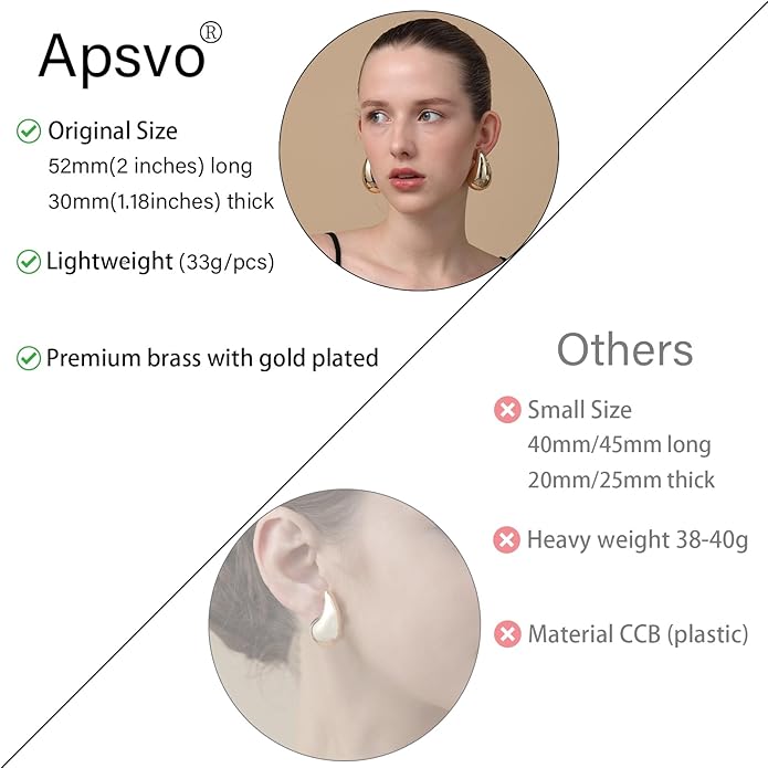 Apsvo Chunky 14K Gold Plated Hoop Earrings for Women, Lightweight Waterdrop Hollow Open Hoops, Hypoallergenic Dupes Earrings