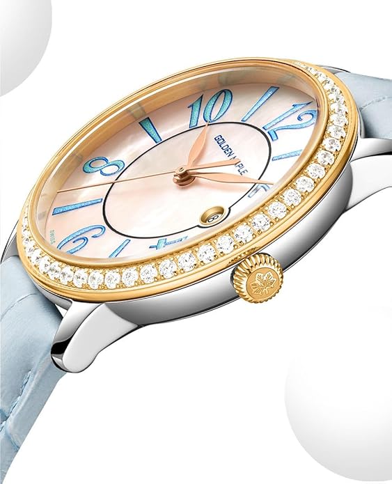 GOLDEN MAPLE Dainty Watches for Women, Mother-of-Pearl Dial and Swiss Quartz Movement, Ladies Watch with Leather Strap