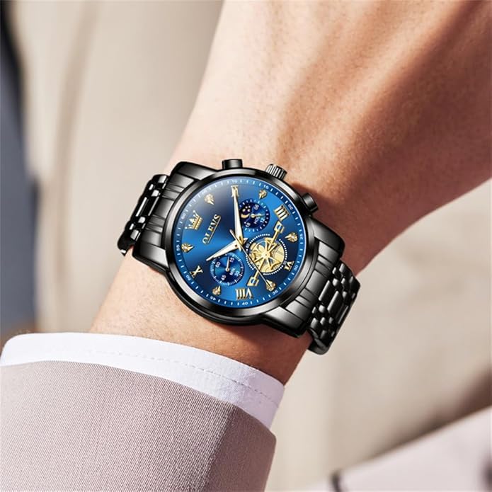 OLEVS Men Silver Watches,Men's Stainless Steel Chronograph Watch,Man Analog Quartz Big Face Male Watches Luxury Waterproof Roman Numeral Dress Diamond Relojes para Hombre