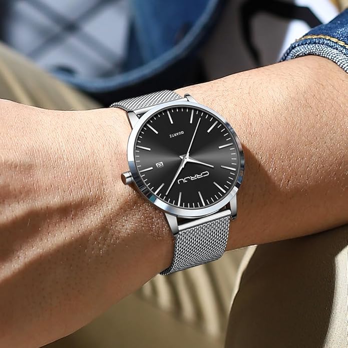 CRRJU Men's Minimalist Casual Luxury Auto Date Watches Fashion Business Japan Movement Quartz Waterproof Wristwatches for Men Stainsteel Steel Band Watch