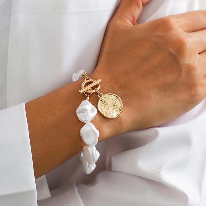 14K Gold OT Buckle Coin Pearl Paperclip Stacked Bracelet Set for Women, Statement Snake Pearl Paper Clip Bracelets Stack Dainty Prom Party Jewelry Gift