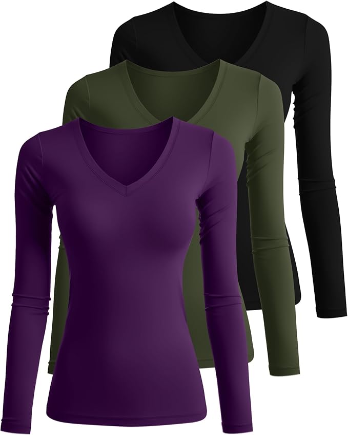 Ficerd 3 Pack Women's Long Sleeve Shirts, V Neck Basic Tees Slim Fitted Casual Fall Tops Going Out Blouses T Shirts