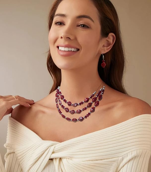 3 Layered Chunky Statement Necklace for Women Beaded Strand Necklaces with Earring Fashion Costumes Collar Necklace Jewelry Sets Gifts for Women