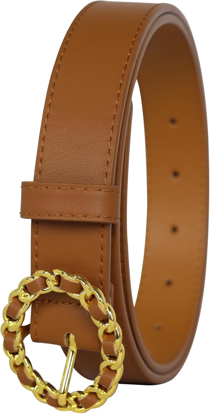 Women's Fashion Classic Metal Buckle Leather Belt with Jeans Dress