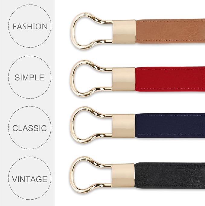 WERFORU Women Skinny Belt for Dresses Retro Stretch Waist Belt with Gold Buckle Set of 4