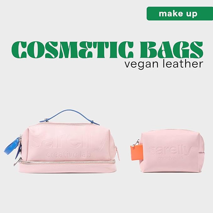 SARELLY, Mini Makeup Bag, Pink Vegan Leather with Compartments, Leak-proof, Sarelly Creativo Lab