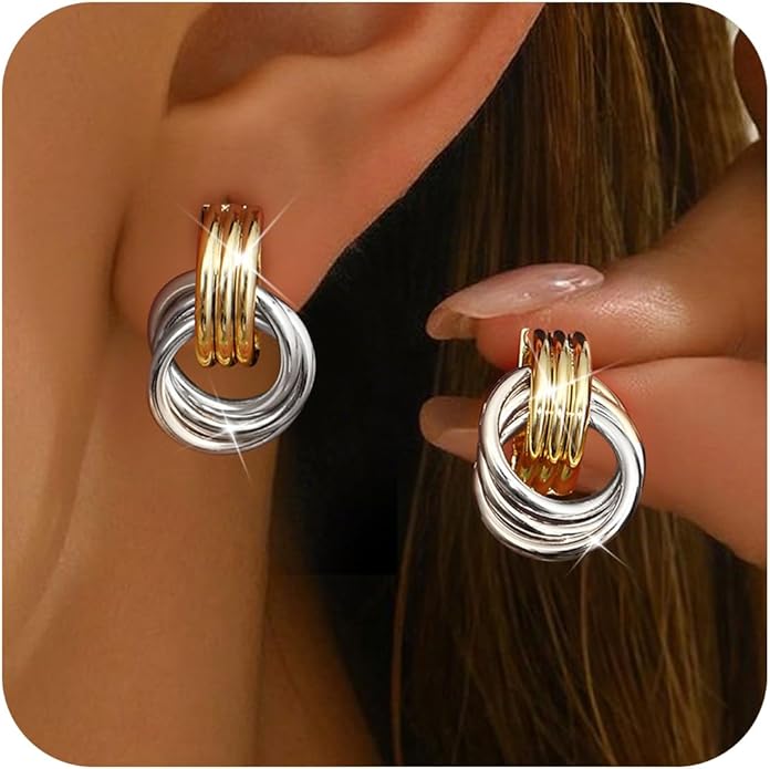ORAZIO Chunky Gold Plated Knot Earrings for Womens Trendy 925 Silver Statement Lightweight Dangle Drop Hypoallergenic Large Geometric Stud Earring Jewelry for Women