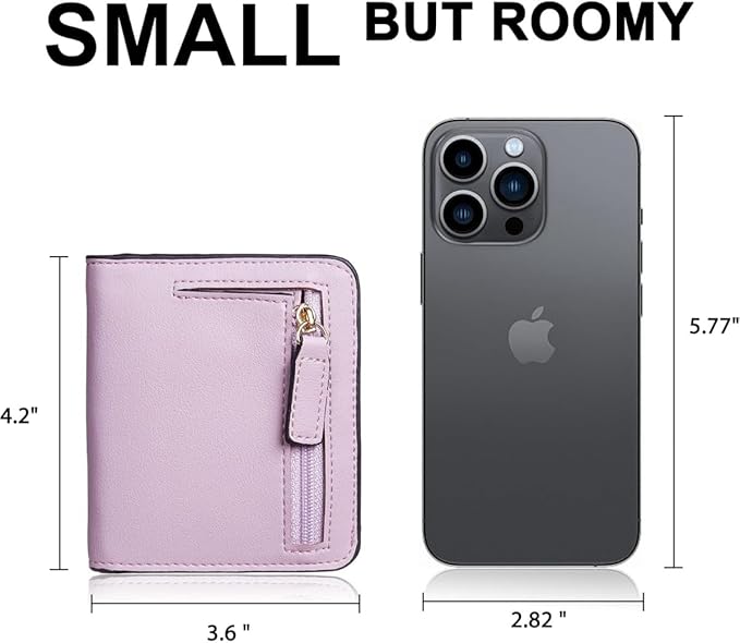 Genuine Leather Wallet for Women Slim Bifold RFID Blocking Secure with Zipper Closure and ID Window (Purple)