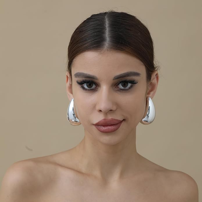 Apsvo Chunky 14K Gold Plated Hoop Earrings for Women, Lightweight Waterdrop Hollow Open Hoops, Hypoallergenic Dupes Earrings