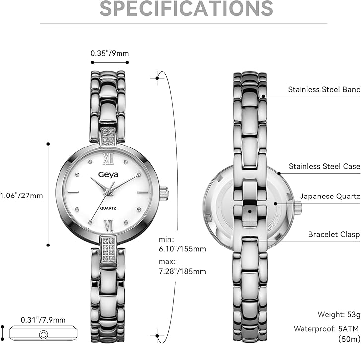 GeYa Silver Watch for Women Elegant Dressy Watch, Dainty Diamond Dial Stainless Steel Bracelet, Japanese Quartz Movement, 5ATM Water Resistant, Ideal for Petite Wrist, Gift Ready
