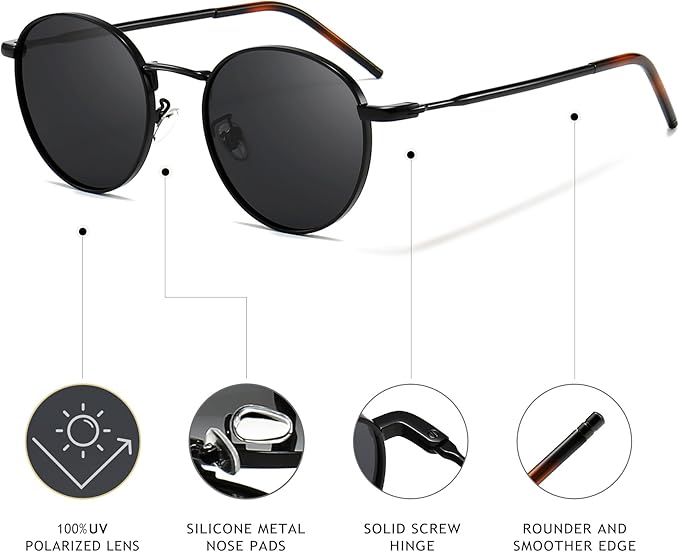SUNGAIT Ponderable Metal Round Sunglasses for Men Women Classic Vintage Polarized Circle Sun Glasses