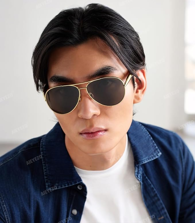 AIEYEZO Gold Aviator Sunglasses for Women Men Oversized Thick Frame Sun Glasses Fashion Retro Sardine Pilot Shades