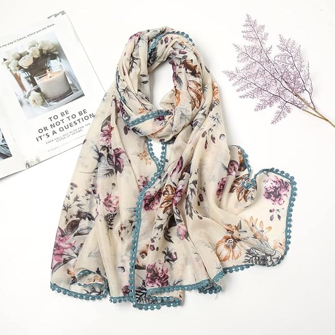 Yeieeo Boho Scarf for Women Lightweight Floral Printed Scarf Fall Winter Fashion Fringed Shawl