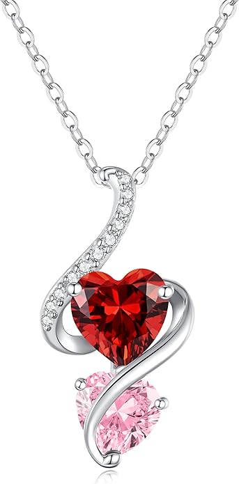 LOUISA SECRET Unique Double Heart Necklace Gifts for Wife Women, 925 Sterling Silver Tiny Birthstone Pendant Jewelry Gift for Her Girlfriend Mom Valentine's Day Anniversary Mother's Day Birthdays & Christmas