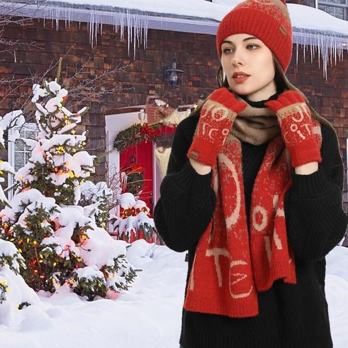 Winter Hat Scarf Gloves Set for Women Womens Knit Warm Hat Beanie Long Scarf Touchscreen Gloves Skull Caps Neck Scarves